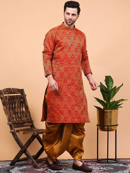 Red Ethnic Motifs Woven Design Regular Zari Kurta With Dhoti Pants