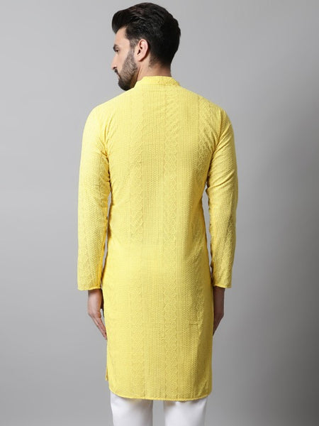 Men Yellow Embroidered Pure Cotton Kurta