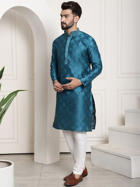 Men Blue Embroidered Jacquard Silk Kurta with Churidar
