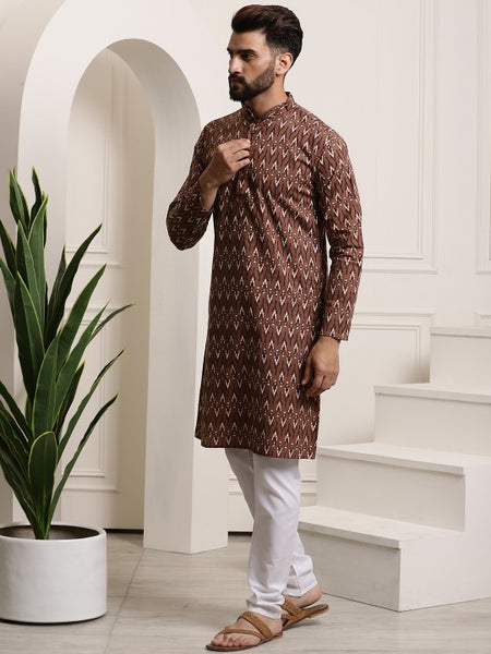 Men Brown Printed Pure Cotton Kurta with Churidar