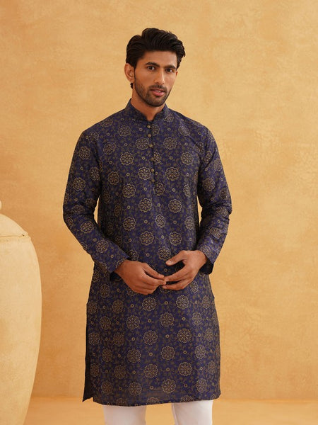 Navy Blue Paisley Printed Mandarin Collar Kurta With Churidar