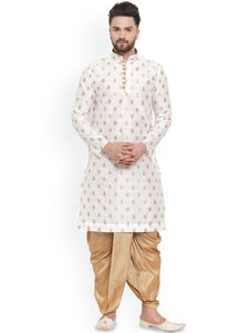 White Ethnic Motifs Woven Design Mandarin Collar Kurta with Dhoti Pants