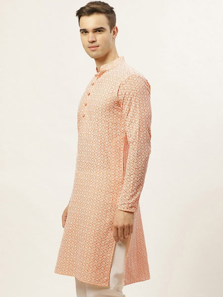 Men Orange Pure Cotton Floral Embroidered Straight Kurta