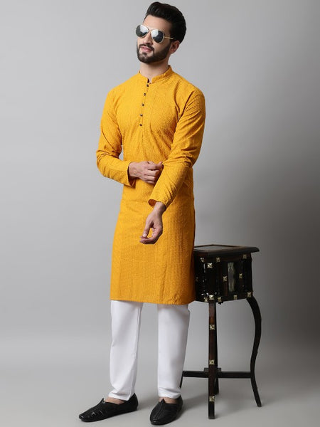 Men Mustard Yellow Embroidered Pure Cotton Kurta