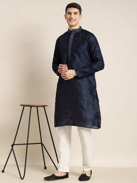 Men Navy Blue Ethnic Motifs Thread Work Kurta with Churidar