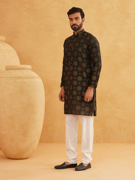 Black Paisley Printed Mandarin Collar Kurta With Churidar
