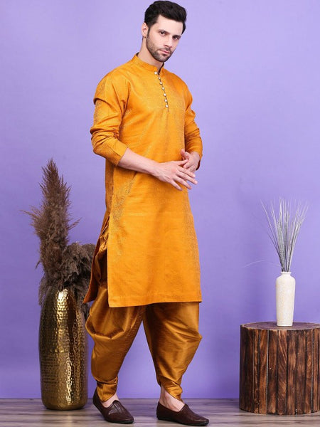 Yellow Ethnic Motifs Woven Design Mandarin Collar Straight Kurta with Patiala