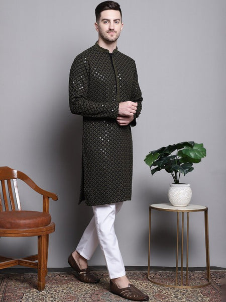 Mandarin collar Ethnic Motif Embroidered Thread Work Straight Cotton Kurta