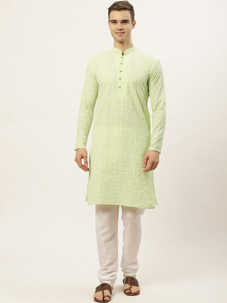 Men Green & White Ethnic Motifs Embroidered Thread Work Kurta