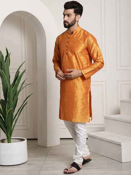 Yellow Paisley Printed Mandarin Collar Kurta With Churidar