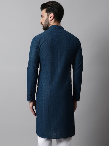 Men Navy Blue Embroidered Pure Cotton Kurta