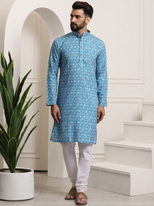 Men Turquoise Blue Printed Cotton Kurta with Churidar