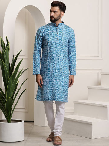 Men Turquoise Blue Printed Cotton Kurta with Churidar