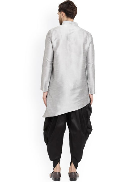 Silver Ethnic Motifs Printed Mandarin Collar Designer Kurta with Dhoti Pants