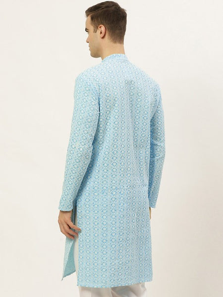 Men Turquoise Blue & White Floral Embroidered Pure Cotton Kurta