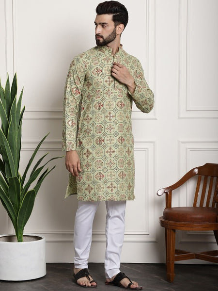 Green Ethnic Motifs Printed Band Collar Straight Kurta With Churidar
