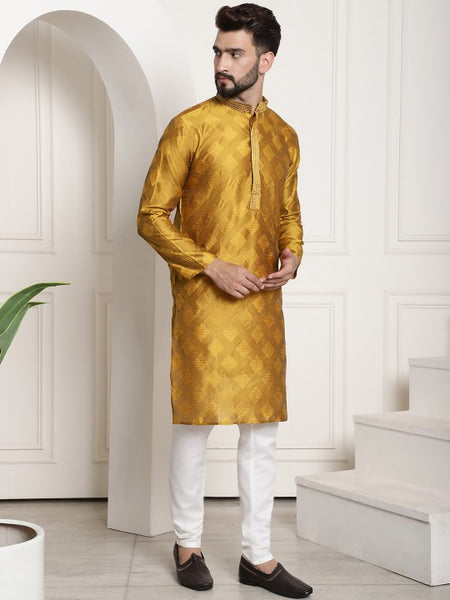 Men Mustard Yellow Ethnic Motifs Thread Work Kurta with Churidar