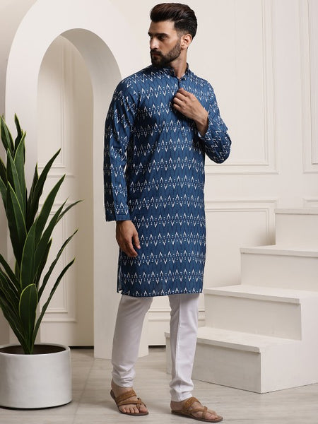 Men Navy Blue Printed Pure Cotton Kurta with Churidar
