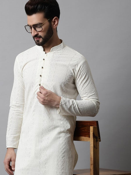 Men Cream-Coloured Ethnic Motifs Embroidered Cotton Kurta