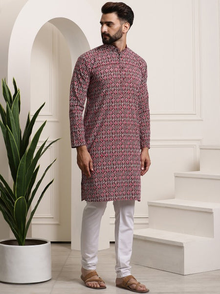 Men Brown Printed Cotton Kurta with Churidar
