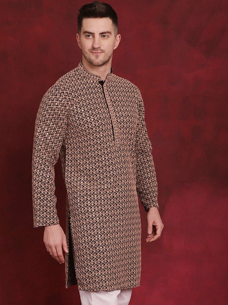 Men Mandarin collar Ethnic Motif Embroidered Thread Work Straight Cotton Kurta