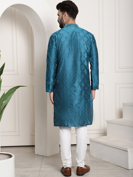 Men Blue Embroidered Jacquard Silk Kurta with Churidar