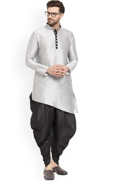 Silver Ethnic Motifs Printed Mandarin Collar Designer Kurta with Dhoti Pants