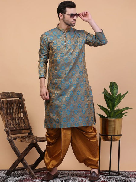Blue Ethnic Motifs Woven Design Regular Zari Kurta With Dhoti Pants