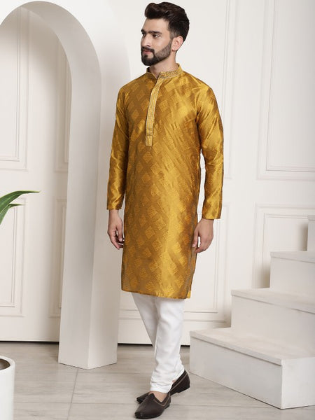 Men Mustard Yellow Ethnic Motifs Thread Work Kurta with Churidar
