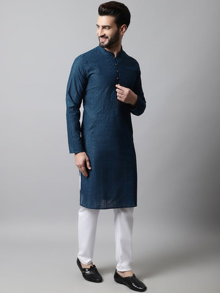 Men Navy Blue Embroidered Pure Cotton Kurta