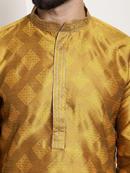 Men Mustard Yellow Ethnic Motifs Thread Work Kurta with Churidar
