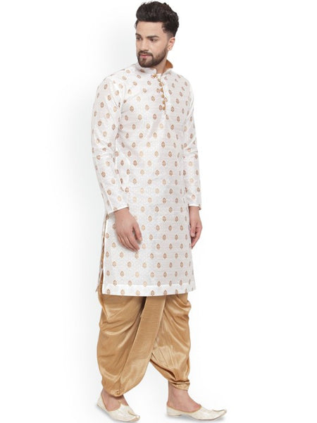 White Ethnic Motifs Woven Design Mandarin Collar Kurta with Dhoti Pants