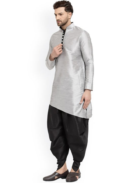 Silver Ethnic Motifs Printed Mandarin Collar Designer Kurta with Dhoti Pants