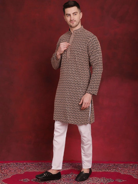 Men Mandarin collar Ethnic Motif Embroidered Thread Work Straight Cotton Kurta