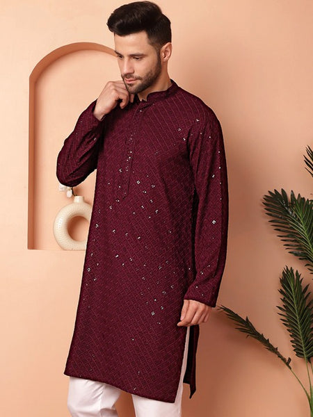 Maroon Ethnic Motifs Embroidered Sequinned Mandarin Collar Straight Kurta