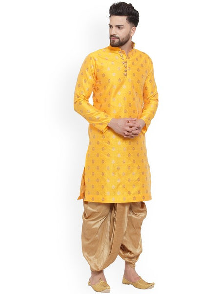 Yellow Ethnic Motifs Woven Design Mandarin Collar Kurta with Dhoti Pants