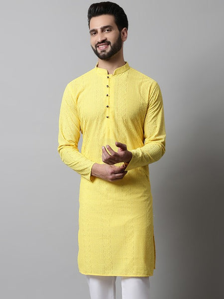 Men Yellow Embroidered Pure Cotton Kurta