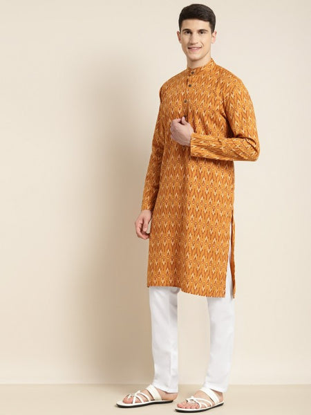 Men Mustard Yellow Ethnic Motifs Printed Pure Cotton Kurta with Churidar