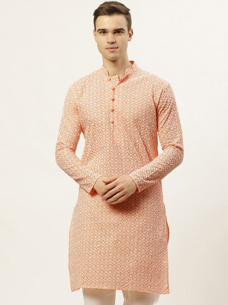 Men Orange Pure Cotton Floral Embroidered Straight Kurta