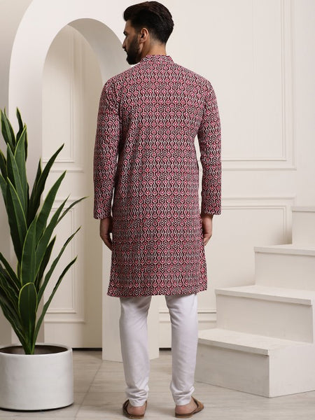 Men Brown Printed Cotton Kurta with Churidar