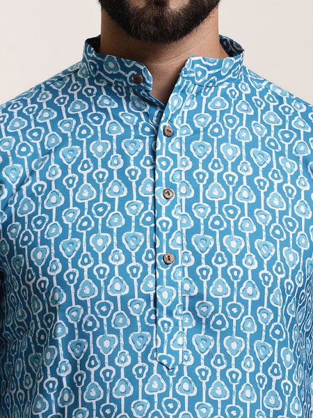 Men Turquoise Blue Printed Cotton Kurta with Churidar
