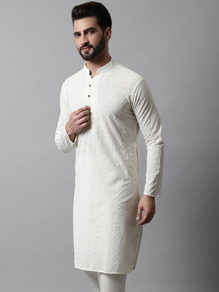 Men Cream-Coloured Ethnic Motifs Embroidered Cotton Kurta
