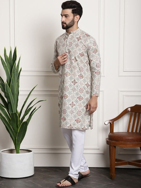 Ethnic Motifs Printed Band Collar Straight Kurta With Churidar