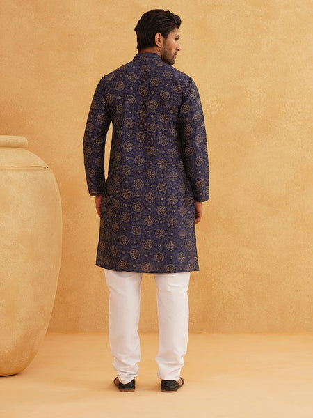 Navy Blue Paisley Printed Mandarin Collar Kurta With Churidar