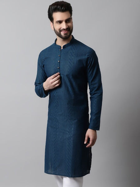 Men Navy Blue Embroidered Pure Cotton Kurta