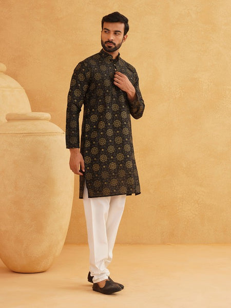 Black Paisley Printed Mandarin Collar Kurta With Churidar