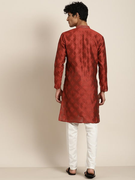 Men Maroon Self Design Kurta with Churidar