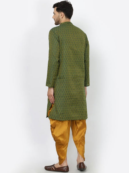 Green Ethnic Motifs Woven Design Mandarin Collar Jacquard Kurta with Dhoti Pants