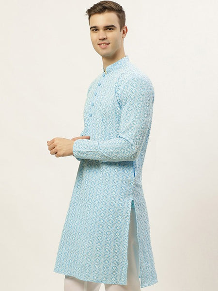 Men Turquoise Blue & White Floral Embroidered Pure Cotton Kurta