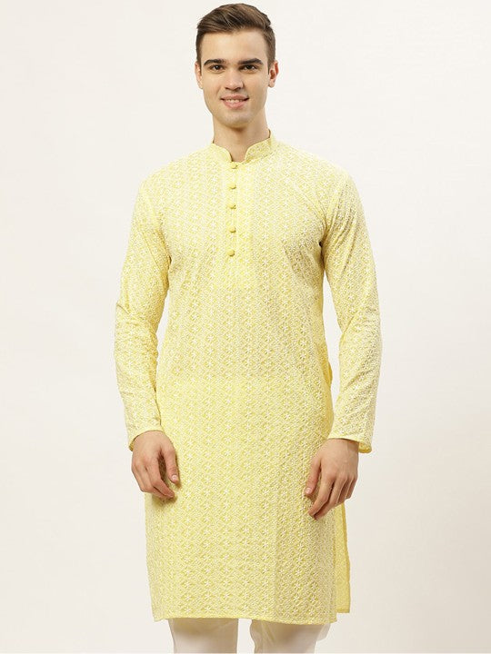 Men Yellow Thread Work Embroidered Chikankari Pure Cotton Kurta